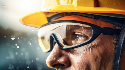 Closeup of Professional Construction Worker Wearing Yellow Hard Hat, Protective Glasses and Gloves. Industrial Safety Equipment Theme, Generative AI