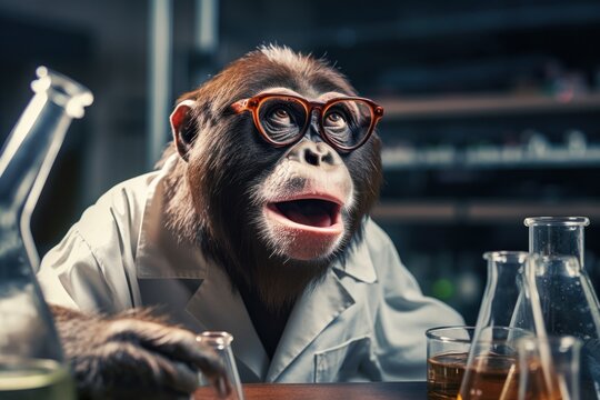 Funny monkey scientist in a laboratory.