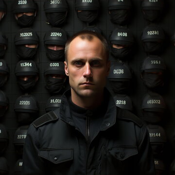 Portrait of police officer in black uniform. Working in law enforcement agencies concept. AI generated