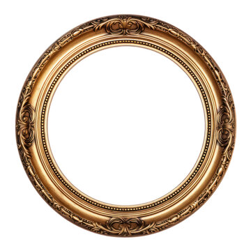 Antique gold circle frame photo with empty blank canvas. PNG cut out Isolated on transparent background