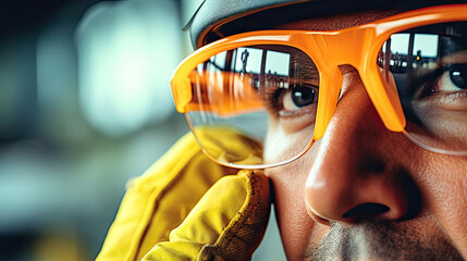 Closeup of Professional Construction Worker Wearing Yellow Hard Hat, Protective Glasses and Gloves. Industrial Safety Equipment Theme, Generative AI - obrazy, fototapety, plakaty