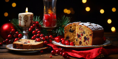 Christmas panettone with chocolate and traditional Italian dessert cake on a decorated table