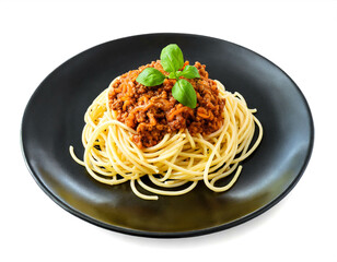Spaghetti Bolognese black plate isolated on white background, cut out