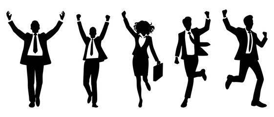 Victorious Business Executives Celebrating Success with Raised Arms in Silhouette Businessman and woman expressing joy silhouette black filled vector Illustration icon