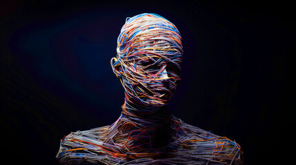 Human head made of multi-colored electronic wires. Human wires