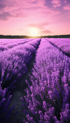 Obraz premium Lavender field in the golden sunlight of sunset or sunrise. Innovative AI.