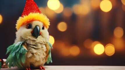 Cute parrot toy on Christmas background. - obrazy, fototapety, plakaty
