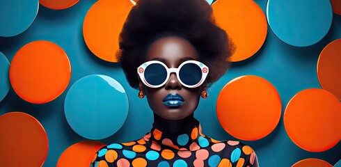 afro american woman wearing funky sunglasses infront of a colorful dotted background - obrazy, fototapety, plakaty
