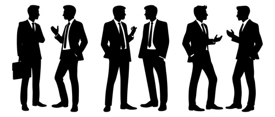 Two businessman talking silhouette black filled vector Illustration icon - Series of Businessmen Engaging in Conversation and Exchange of Ideas - obrazy, fototapety, plakaty