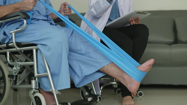 Patient had leg pain Myasthenia Gravis does physical therapy by using resistance band  during sit on wheelchair and physiotherapist doctor  advise posture treatment. 