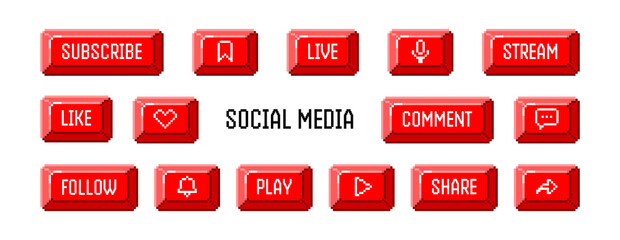 Pixel art buttons pack. 8 bit elements are suitable for social networks, podcasts and games. Vector illustration on a white background.