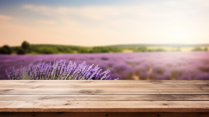 Wooden surface background with purple lavender field blurred background, natural light. Innovative AI.