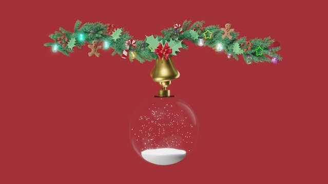 Decorated with branches of pine trees, snow ball, Jingle bell, candy cane, gingerbread man, red bow, holly berry leaves, clear glass lantern garlands. merry christmas and happy new year, alpha channel