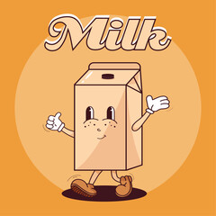 Funny milk character. Vintage illustration. Vector cartoon illustration in groovy retro style. Happy walking milk mascot. Design for decorative, sticker, prints, dairy and milk farm business.
