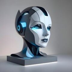 Futuristic sculpture of a robot with feminine features.