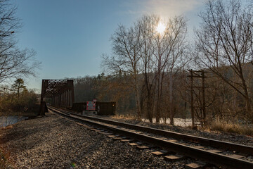 Fototapeta na wymiar Train trestle over the Delaware River all the Ten Mile River Trail