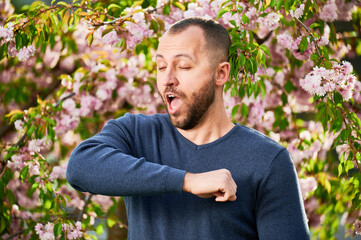 Naklejka na ściany i meble Man allergic suffering from seasonal allergy at spring in blossoming garden at springtime. Bearded young man sneezing and having runny nose in front of blooming tree. Spring allergy concept.