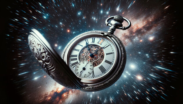 Antique pocket watch with the galaxy in the background time and the cosmos.