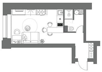 Apartment floor plan. Small studio plan of condominium. Private home with the arrangement of furniture in top view. Interior design of kitchen, bedroom, bathroom furniture placement in house. Vector 
