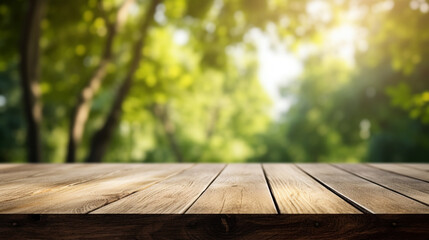 Wooden table surface background with green nature background behind. Innovative AI.