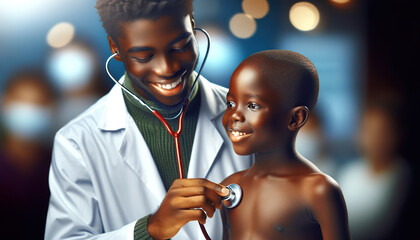 A young male doctor in a remote African village carries out a a health check on a young African boy. - obrazy, fototapety, plakaty