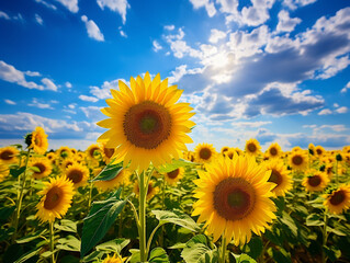 Fototapeta premium A sunflower field stretching towards the horizon. The weather is hot with clear blue skies.