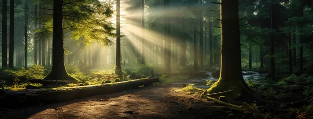 Keuken foto achterwand Bosweg beautiful forest with sun beams bursting through trees