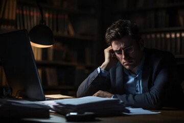 Obraz premium Stressed Accountant in the Office: Battling Work Stress and Boredom with Tedious Paperwork