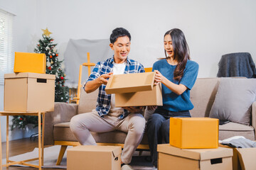 Asian couple is unpacking boxes in a festive living room with a Christmas tree, showing surprise...