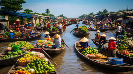A bustling floating market in the Mekong Delta Vietnam with boats full of fresh produce.