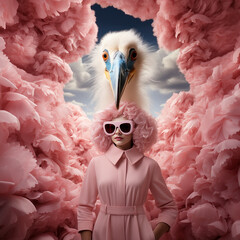 An American shot of a woman wearing a pink dress, pink sunglasses and hair made of ruffled chiffon. She is surrounded by pink decorations. There is an exotic bird above her head. - obrazy, fototapety, plakaty