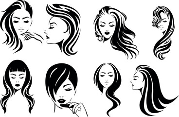 Beautiful Women with hairstyle silhouette set. Hair Beauty Salon Logo . black Illustration in various themes. Hand drawn Vector collection V5.