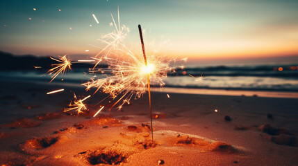 新年やパーティーのビーチでの線香花火GenerativeAI - obrazy, fototapety, plakaty