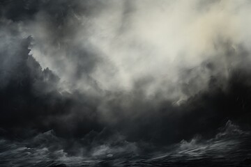 Moody, hyper-realistic ocean scene with churning waves, dark clouds, and jagged rocks. Eerie light and impending doom create an apocalyptic atmosphere - obrazy, fototapety, plakaty