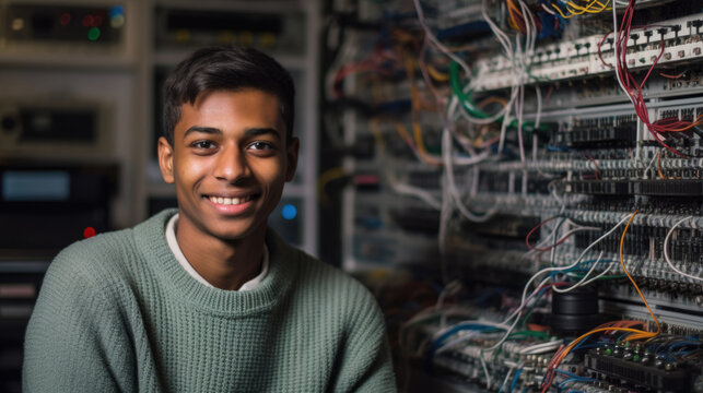 Smiling young programmer in the server room. Close-up of a specialist against the background of computer components.