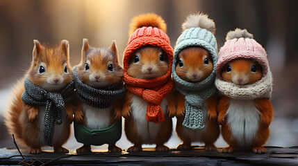 Obraz premium Group of squirrels dressed in colorful winter hats and scarves.
