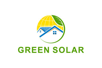 Solar electric system logo on the roof of the house, with green leaves symbolizing environmentally friendly, future technology.