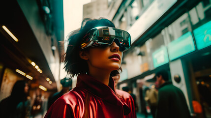 Femme portant un casque de réalité virtuelle dans la rue - obrazy, fototapety, plakaty