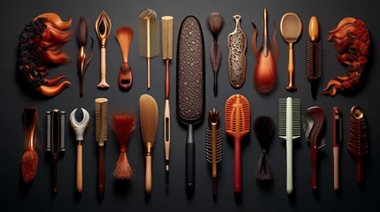  the art of hairstyling in high-definition, showcasing the rich colors and intricate textures of a collection of hair brushes against a clean white backdrop. © Ahmad