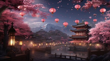 a cherry blossom festival, with lanterns illuminating the delicate pink blooms under the night sky. - obrazy, fototapety, plakaty