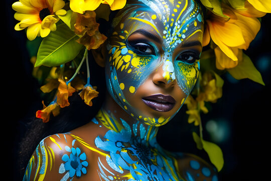 Femme noire avec maquillage corporel coloré et fleurs dans les cheveux