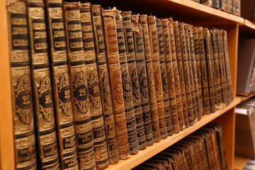 Collection of old books on shelf in library