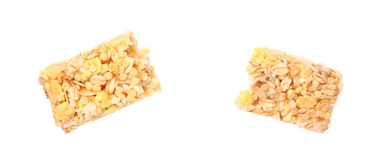 Pieces of tasty granola bar isolated on white