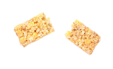 Pieces of tasty granola bar isolated on white