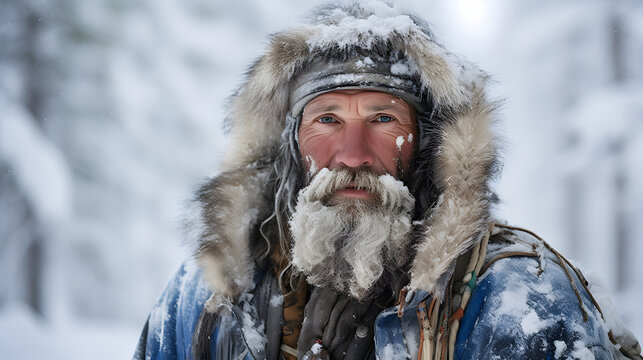 A traditional Sami reindeer herder in the snowy landscapes of Lapland Finland.