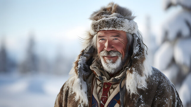 A traditional Sami reindeer herder in the snowy landscapes of Lapland Finland.