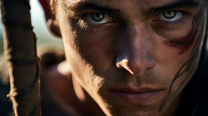 Obraz premium a focused archer drawing his bow, his eyes locked on the target with unwavering precision. 