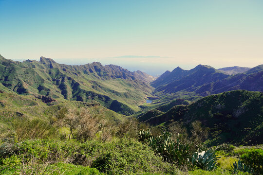 The Barranco de Tahodio is one of the great ravines of Anaga. Tenerie, Canary Islands. In the background the capital of the Island of Tenerife and its port
