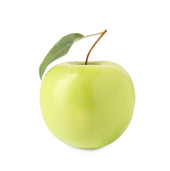 One ripe green apple with leaf isolated on white