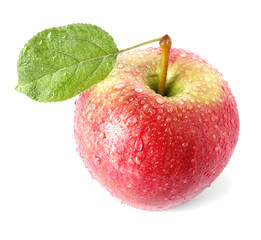 Wet ripe red apple with leaf isolated on white